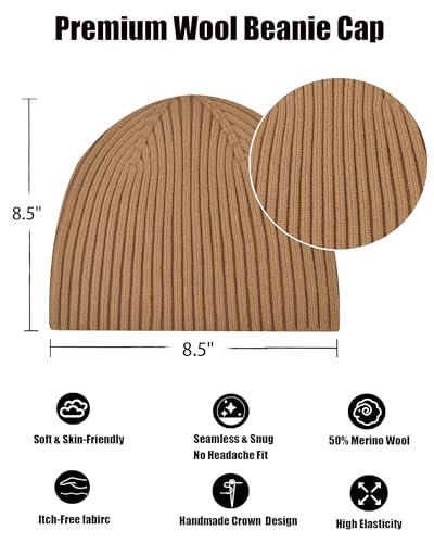 Wool Knit Beanie Hats for Men Women,Cuffless Winter Skull Caps - color: 1-camel