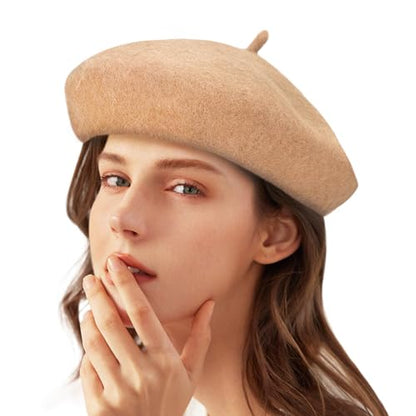 Gllutt Women Wool Beret Hat French Style Solid Color - color: Camel