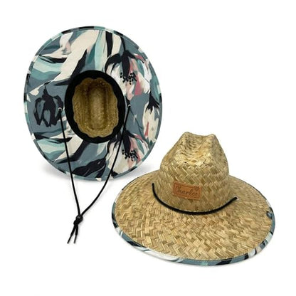 Women's Wide Brim Straw Sun Hat for Beach, Lifeguard Style, Hand-Woven Rush & Mat, Adjustable Chin Drawstring - color: The Nora