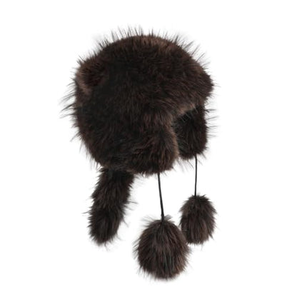 Raccoon Tail Parent-Child Plush Hat Warm Faux Fur Animal Hat with Tail - color: Adult Style-coffee