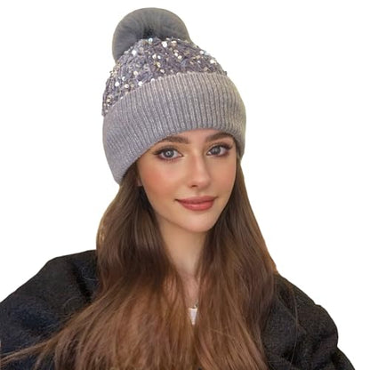 Women Sparkly Sequins Knitted Beanie Hat Warm Winter Skull Cap with Faux Fur Pom Pom - color: X Grey With Knit Cuffs