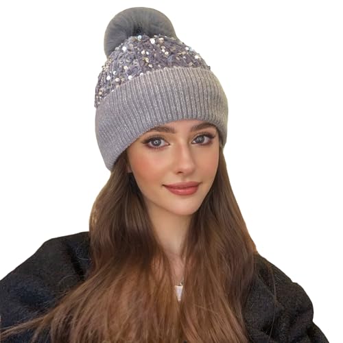 Women Sparkly Sequins Knitted Beanie Hat Warm Winter Skull Cap with Faux Fur Pom Pom - color: X Grey With Knit Cuffs