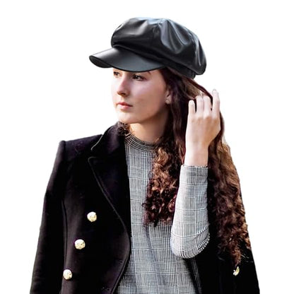 Women Newsboy Hats 8 Panel Vintage PU Leather Visor Beret Baker boy Cap Cabbie Hat for Women/Men