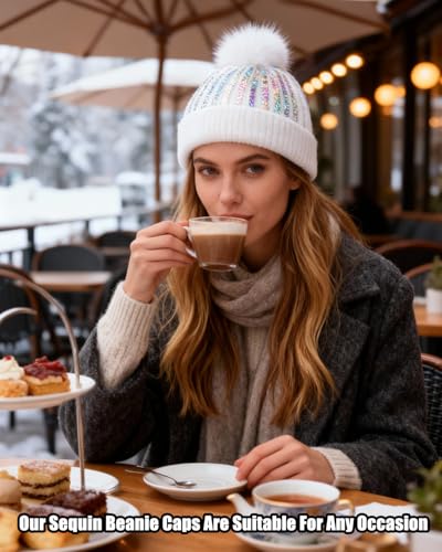 Women Girls Winter Sequin Beanie Hat with Faux Fur Pom Pom Knit Skull Cap - color: Glitter- White