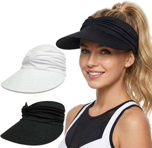 2 Pack Sun Visor Hat Wide Brim Womens Beach Hats Foldable Golf Women Visors - color: Black, White