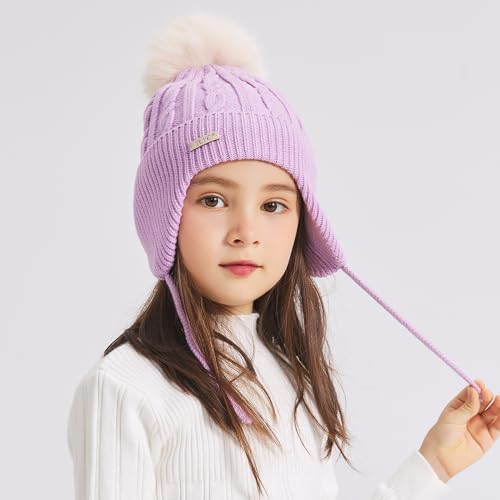 ZLYC Kids Girls Boy Winter Hat Cotton Lined Pom Pom Beanie Earflap Knit Cap - color: Solid Light Purple