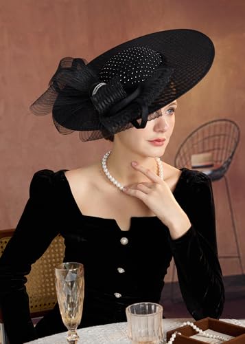 dressfan Wide Brim Fascinator Hats for Women,20s Linen Rhinestones Bow Big Hat for Derby Church Wedding Tea Party - color: Black