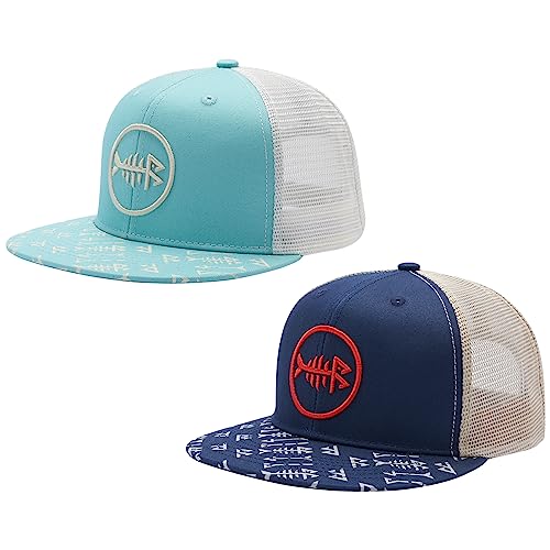 BASSDASH 2 Pack Flat Brim Trucker Cap Adjustable Snapback Hat Mesh Back for Men Women Fishing Hunting - color: Pack of 2,turquoise & Navy Blue