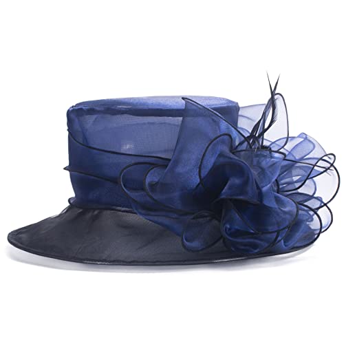 Womens Dressy Wide Brim Church Wedding Wedding Occasion Floral Hats A045 - color: Navy Blue