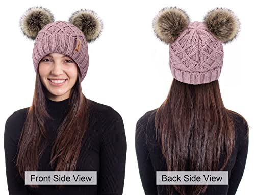 Arctic Paw Womens Winter Hat Cable Knit Beanie for Women Faux Fur Pompom Ears - color: Pink_grid