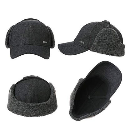 TOP-EX Oversized XL/XXL Unisex Wool Blend Winter Trapper Hat Baseball Cap Fleece Earflaps Fleece Lined - color: Black(fleece), size: Medium