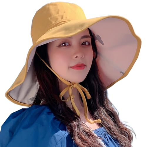 HUAMULAN Women Summer Vacation Wide Brim Sun Hat Reversible Fishing Hats - color: Beige Yellow With Butterfly