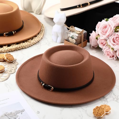 JaGely Hats Felt Hat for Women with Belt - color: Khaki, Black, Brown, Beige With Black Belt