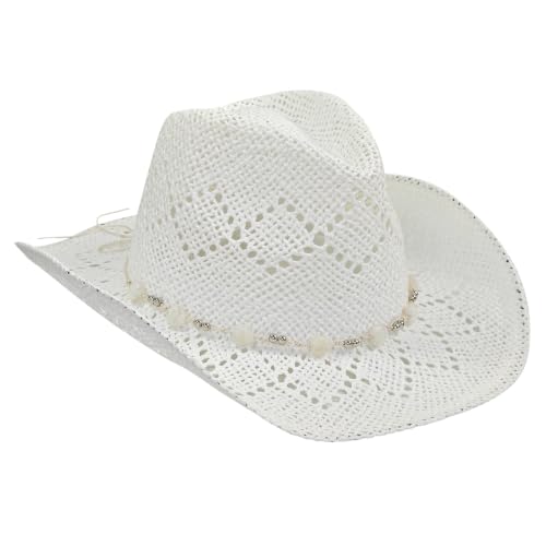 Straw Cowboy Hat for Women, Cowgirl Hat Wide Brim Western Cowboy Hat - color: Pearl White
