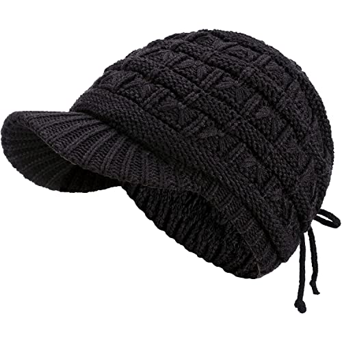BYOS Womens Winter Chic Cable Warm Fleece Lined Crochet Knit Hat W/Visor Newsboy Cabbie Cap - color: Basket Woven-black