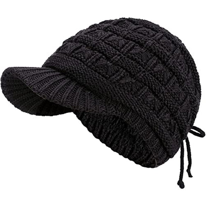 BYOS Womens Winter Chic Cable Warm Fleece Lined Crochet Knit Hat W/Visor Newsboy Cabbie Cap - color: Basket Woven-black