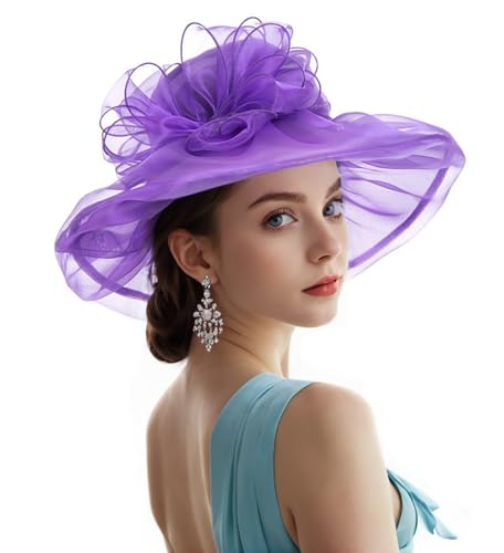 Derby Hats for Women 2026 Women's Elegant Organza Kentucky Fascinator for Church, Tea Party, Weddings Hats - color: 1-purple
