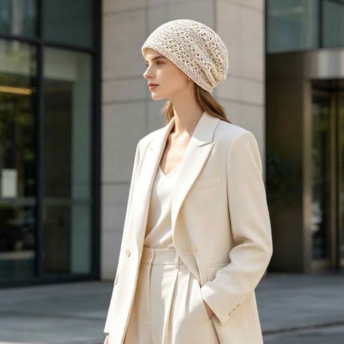 Women's Sparkly Lace Beanie Hat for Women, Lightweight Breathable Knit Skull Cap,Fashion Slouchy Beanie - color: Beige Color 011