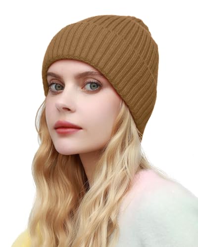 ROYBENS Womens Satin Lined Beanie for Men Wool Knit Cuffed Warm Winter Hats - color: 1pcs--light Coffee