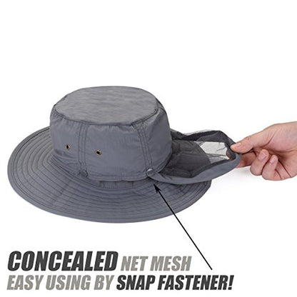 USHAKE Head Net Hat, Safari Hat Sun Hat Bucket Hat with Hidden Net Mesh - color: Grey