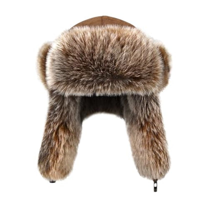 Men Russian Cossack Ushanka Trapper Hat Suede Faux Fur Hunter Hat Thick Furry Trooper Hat with Earflaps Skiing Cap - color: Brown