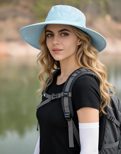 HUAMULAN Women Men Wide Brim Sun Hat Hiking Fishing Hats with Neck Flap - color: Blue With Mesh Panel