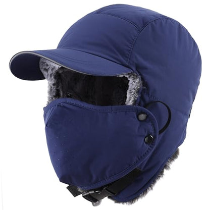 Connectyle Trapper Hat for Men Women Faux Fur Winter Hat with Ear Flaps Water-Resistant Hunting Hats Ushanka Skiing Cap - color: Navy Blue