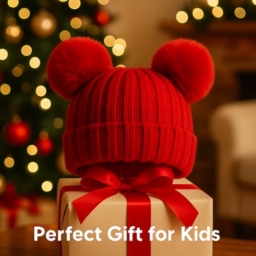 Toddler Winter Knit Hat Upgrade Fleece Lined Pompom Ears Beanies Cap for Boys Girls 3-12 Years - color: Red