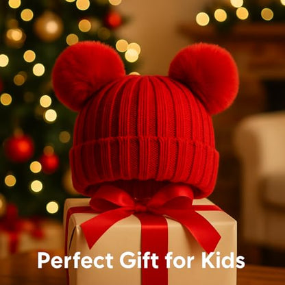 Toddler Winter Knit Hat Upgrade Fleece Lined Pompom Ears Beanies Cap for Boys Girls 3-12 Years - color: Red