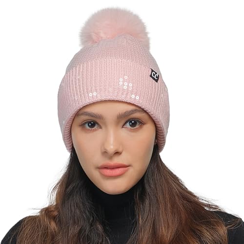 C.C Sequin Pom Beanie for Women - Acrylic Stretchable Soft Warm Knit Winter Skully Hat with Yarn Pom - color: Clear Sequin-pink