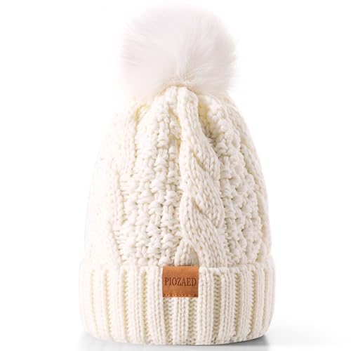 Women's Winter Pompom Beanie Warm and Cozy Knit Hat Fleece Lining Skull Cap for Women - color: White