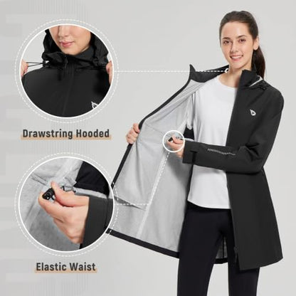 baleaf Women's Long Rain Coat Lightweight Packable Jacket with Hood - color: Black, size: Large