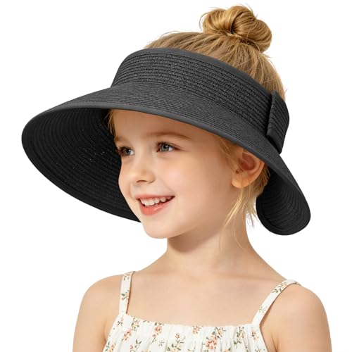 Girls Sun Visor Hat with Ponytail Hole Wide Brim Beach Straw Visor UPF 50+ - color: 1pack-black