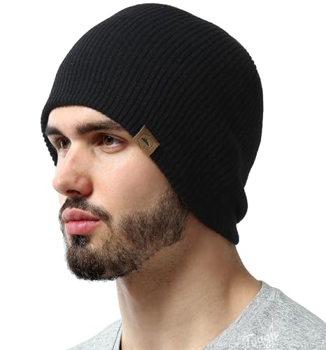 Tough Headwear Ribbed Beanie Hat - Stretch Fit Beanie for Women - Knit Winter Hats for Men - Breathable Knit Caps - color: Black