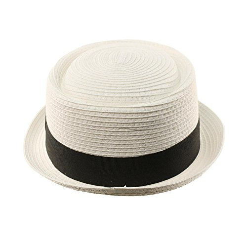 Men's Cool Summer Straw Pork Pie Derby Fedora Upturn Brim Hat L/XL White