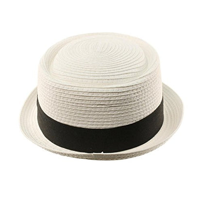 Men's Cool Summer Straw Pork Pie Derby Fedora Upturn Brim Hat L/XL White