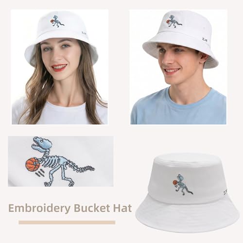 ZLYC Cotton Bucket Hat for Women Men Embroidered Packable Summer Sun Cap - color: Dinosaur Skeleton White