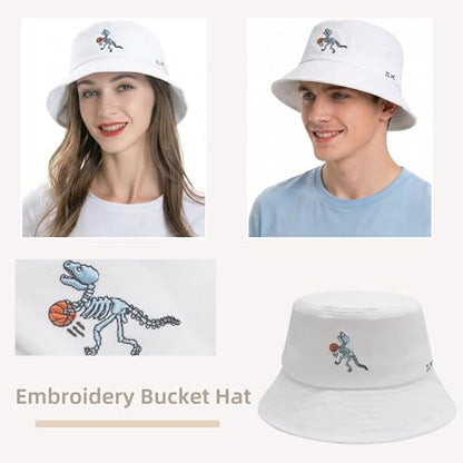 ZLYC Cotton Bucket Hat for Women Men Embroidered Packable Summer Sun Cap - color: Dinosaur Skeleton White
