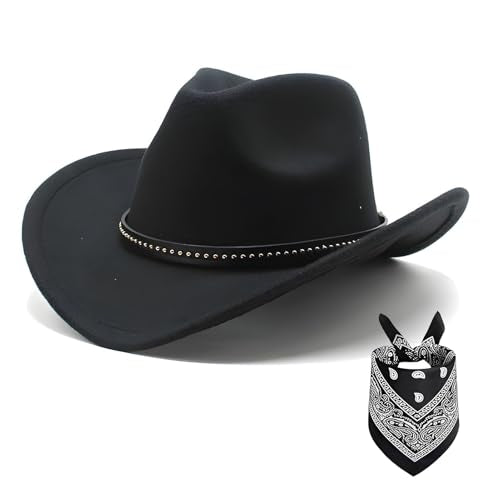 Classic Western Cowboy Hat, Unisex Felt Cowboy hat with Wide Brim and Band, Ideal for Rodeos, Costume Parties, Outdoor Wear - color: Black