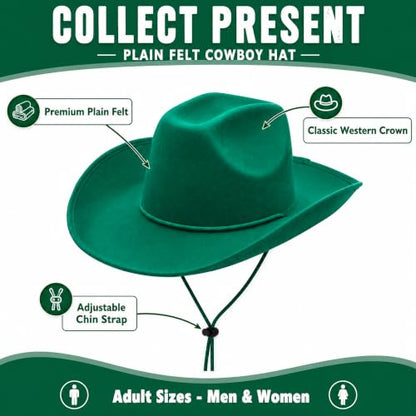 COLLECT PRESENT Plain Felt Cowboy & Cowgirl Hat for Men and Women | Western Studded Cowboy Hat in Adult Sizes - color: Green