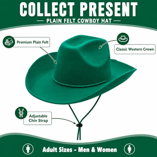 COLLECT PRESENT Plain Felt Cowboy & Cowgirl Hat for Men and Women | Western Studded Cowboy Hat in Adult Sizes - color: Green