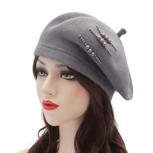 ZLYC Women French Beret Hat Winter Knitted Stretchable Beret Artist Cap - color: Side Pearls Gray