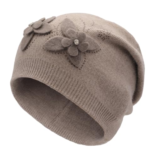 ZLYC Women Floral Slouchy Beanie Hat Double Layer Winter Knit Skull Cap - color: Dual Flowers Taupe