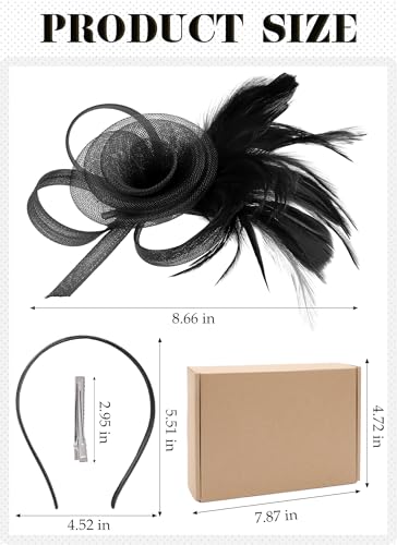 Zinniday Victorian Feather Fascinators Hats - 2025 Derby Attire Headwear with Hairpin,1920s Tea Party Hat for Woman - color: Black