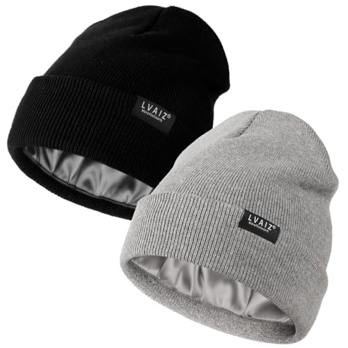 2 Pack Satin Lined Beanies for Men and Women Warm Cuffed Winter Hats - color: Black+light Grey