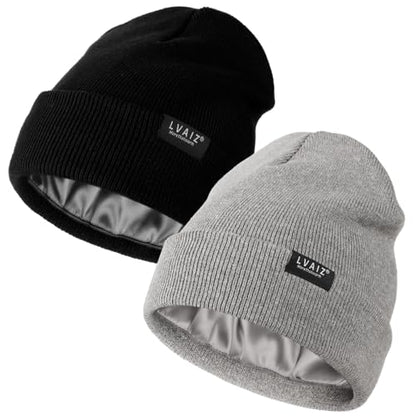 2 Pack Satin Lined Beanies for Men and Women Warm Cuffed Winter Hats - color: Black+light Grey