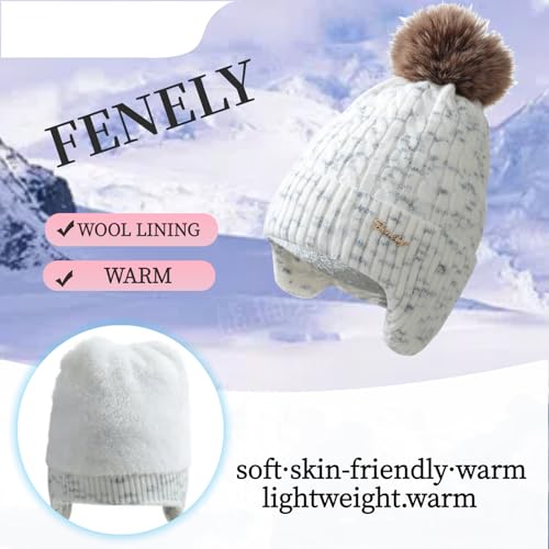 FENELY Women's Knitted Warm Beanie Winter Hat, Warm Chunky Snow Hat with Pompom - color: Whitespacedye