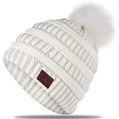 Wireless Music Beanie Women Beanie Girls Hat Over Ear Headset Sports Stereo Headphone with Microphone Speaker Womens Beanie Cap Snow White - color: Snow White