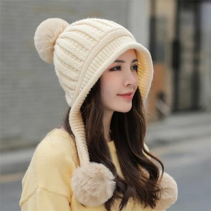 HUAMULAN Women Winter Knit Beanie Hat Circle Scarf Set Pompoms Ear Flaps - color: Beige Solid