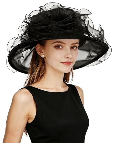 Z&X Organza Church Fascinator Wedding Tea Party Derby Hats for Women Flower Wide Brim Sun Hats - color: 034 Black